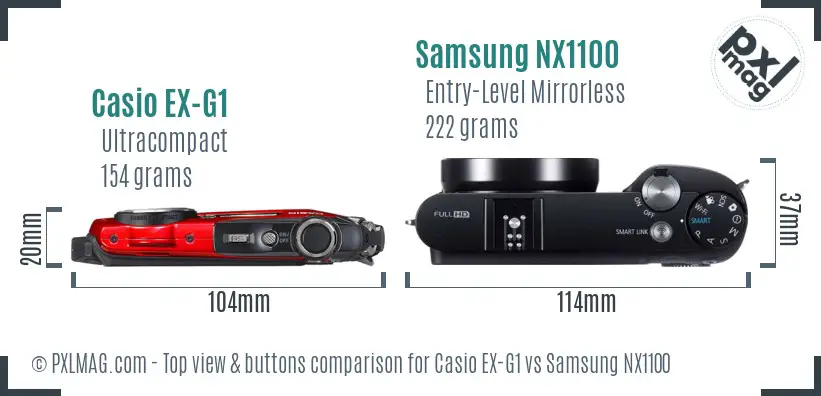 Casio EX-G1 vs Samsung NX1100 top view buttons comparison