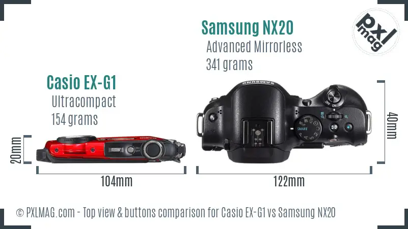 Casio EX-G1 vs Samsung NX20 top view buttons comparison Casio EX-G1 vs Samsung NX20 top view buttons comparison
