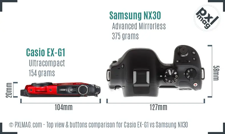 Casio EX-G1 vs Samsung NX30 top view buttons comparison Casio EX-G1 vs Samsung NX30 top view buttons comparison