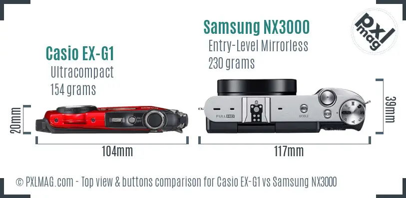 Casio EX-G1 vs Samsung NX3000 top view buttons comparison Casio EX-G1 vs Samsung NX3000 top view buttons comparison