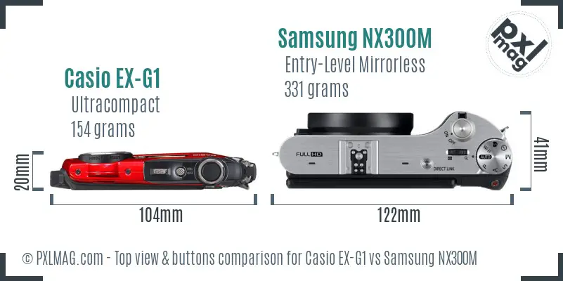 Casio EX-G1 vs Samsung NX300M top view buttons comparison Casio EX-G1 vs Samsung NX300M top view buttons comparison