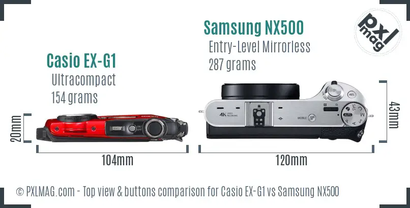 Casio EX-G1 vs Samsung NX500 top view buttons comparison