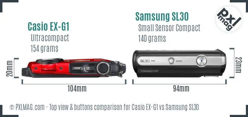 Casio EX-G1 vs Samsung SL30 top view buttons comparison