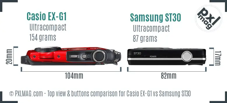 Casio EX-G1 vs Samsung ST30 top view buttons comparison