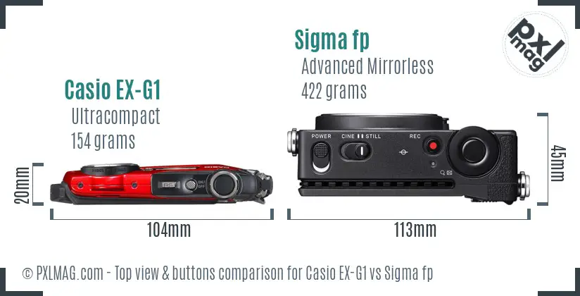 Casio EX-G1 vs Sigma fp top view buttons comparison Casio EX-G1 vs Sigma fp top view buttons comparison