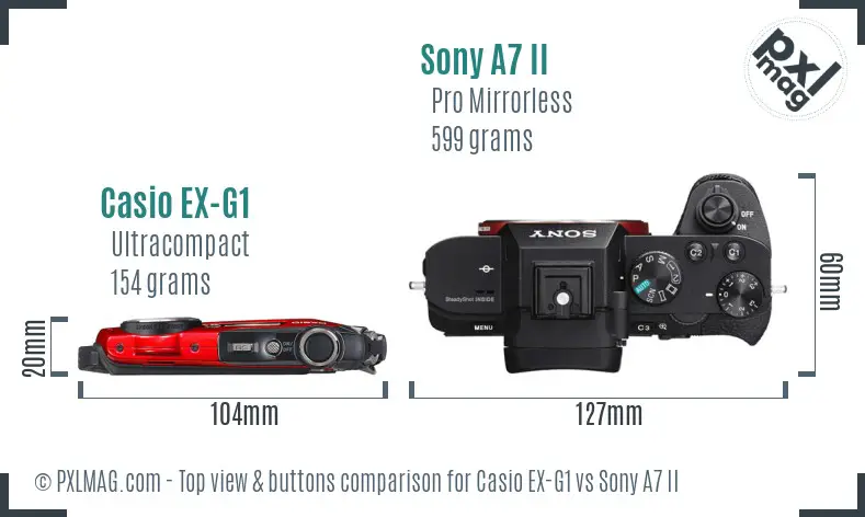 Casio EX-G1 vs Sony A7 II top view buttons comparison