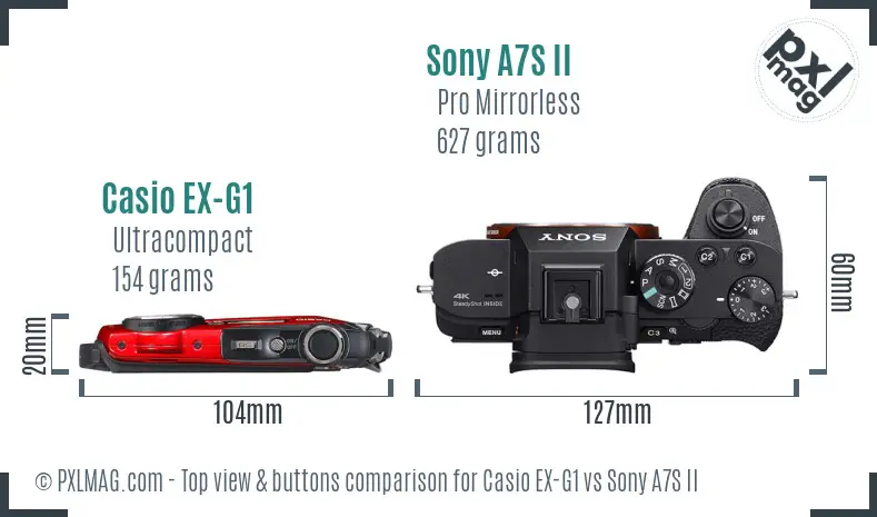 Casio EX-G1 vs Sony A7S II top view buttons comparison