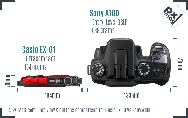 Casio EX-G1 vs Sony A100 top view buttons comparison