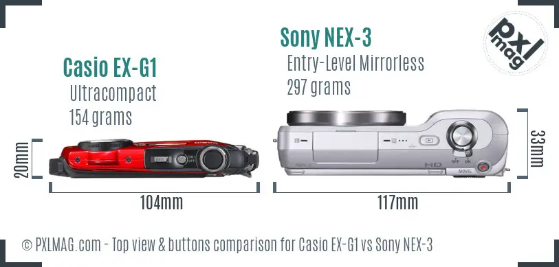 Casio EX-G1 vs Sony NEX-3 top view buttons comparison