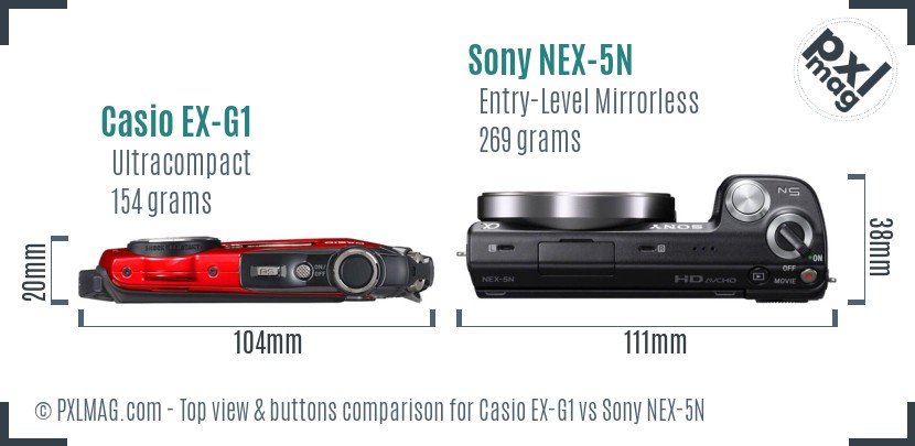 Casio EX-G1 vs Sony NEX-5N top view buttons comparison