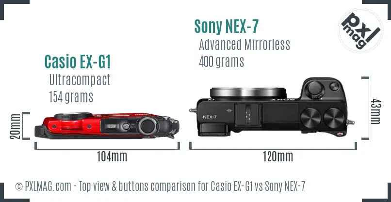 Casio EX-G1 vs Sony NEX-7 top view buttons comparison Casio EX-G1 vs Sony NEX-7 top view buttons comparison