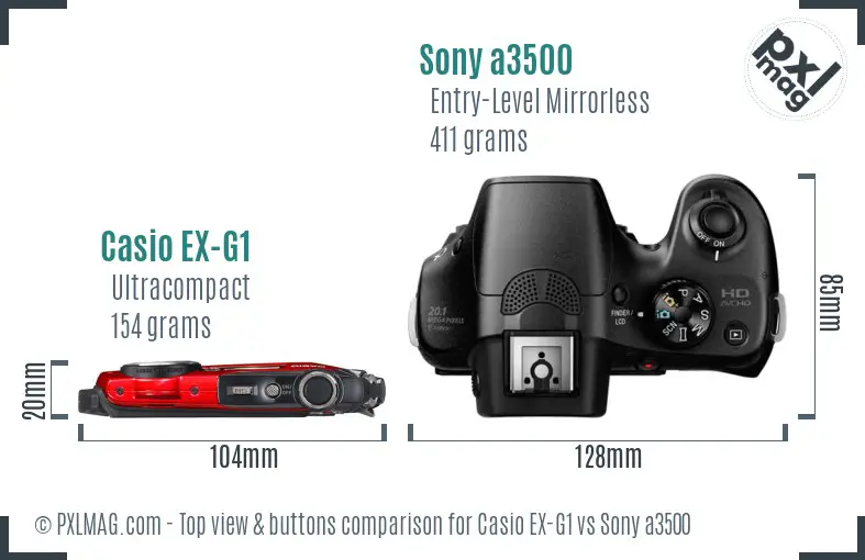 Casio EX-G1 vs Sony a3500 top view buttons comparison Casio EX-G1 vs Sony a3500 top view buttons comparison
