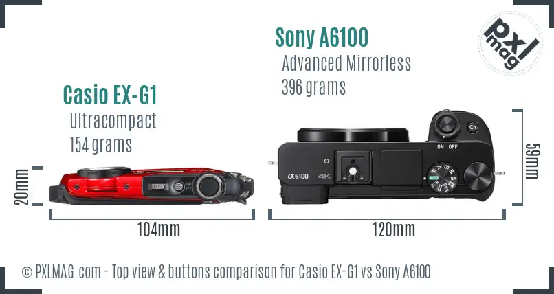 Casio EX-G1 vs Sony A6100 top view buttons comparison Casio EX-G1 vs Sony A6100 top view buttons comparison
