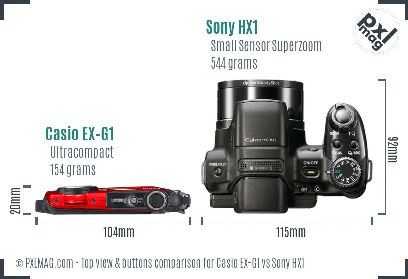 Casio EX-G1 vs Sony HX1 top view buttons comparison