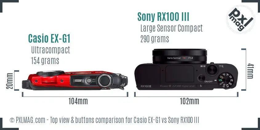Casio EX-G1 vs Sony RX100 III top view buttons comparison Casio EX-G1 vs Sony RX100 III top view buttons comparison