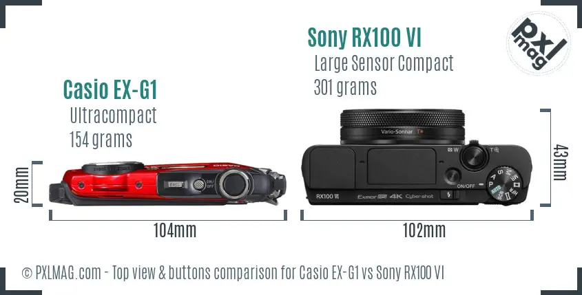 Casio EX-G1 vs Sony RX100 VI top view buttons comparison Casio EX-G1 vs Sony RX100 VI top view buttons comparison