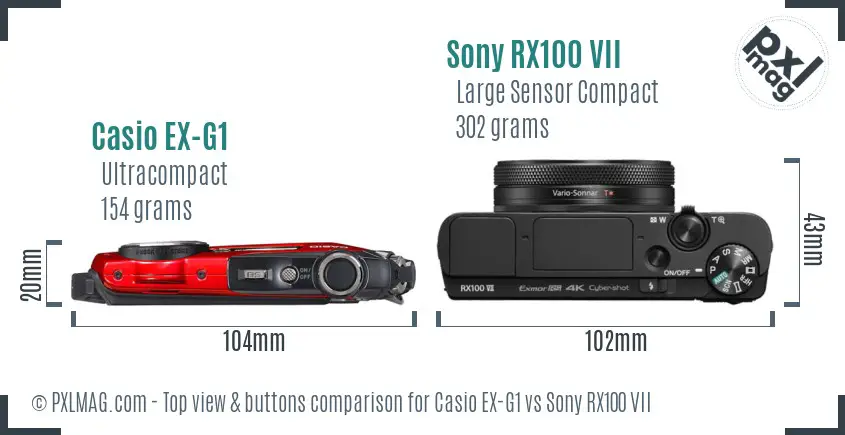 Casio EX-G1 vs Sony RX100 VII top view buttons comparison