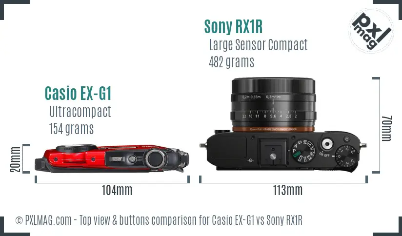 Casio EX-G1 vs Sony RX1R top view buttons comparison Casio EX-G1 vs Sony RX1R top view buttons comparison