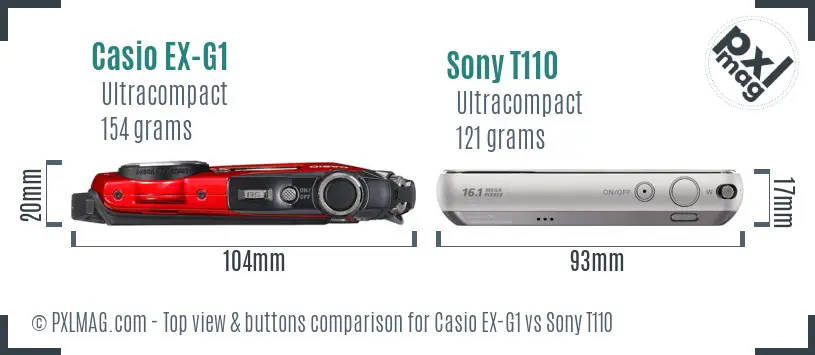 Casio EX-G1 vs Sony T110 top view buttons comparison