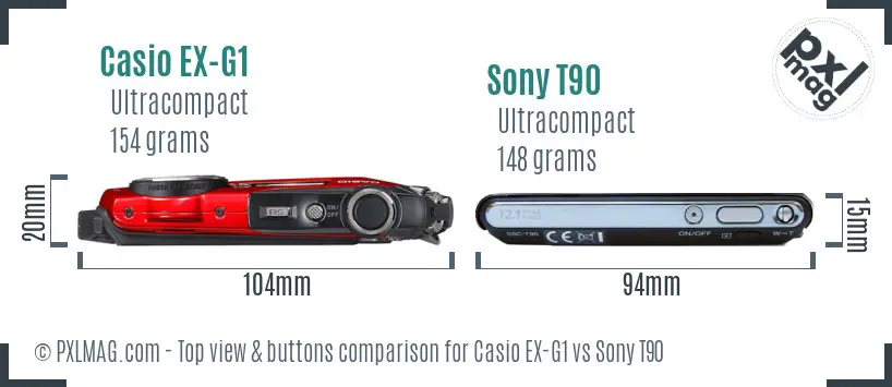 Casio EX-G1 vs Sony T90 top view buttons comparison