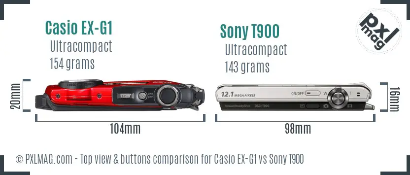 Casio EX-G1 vs Sony T900 top view buttons comparison Casio EX-G1 vs Sony T900 top view buttons comparison
