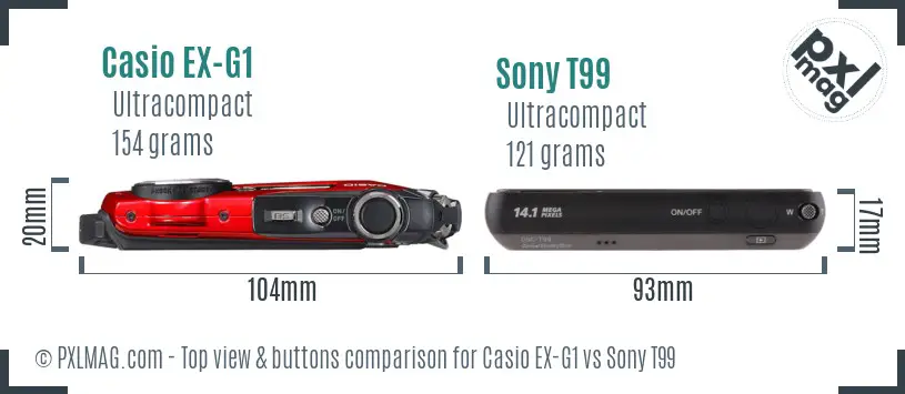 Casio EX-G1 vs Sony T99 top view buttons comparison
