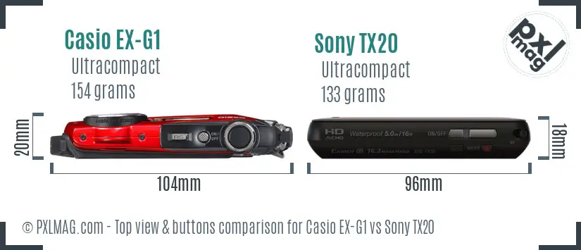 Casio EX-G1 vs Sony TX20 top view buttons comparison