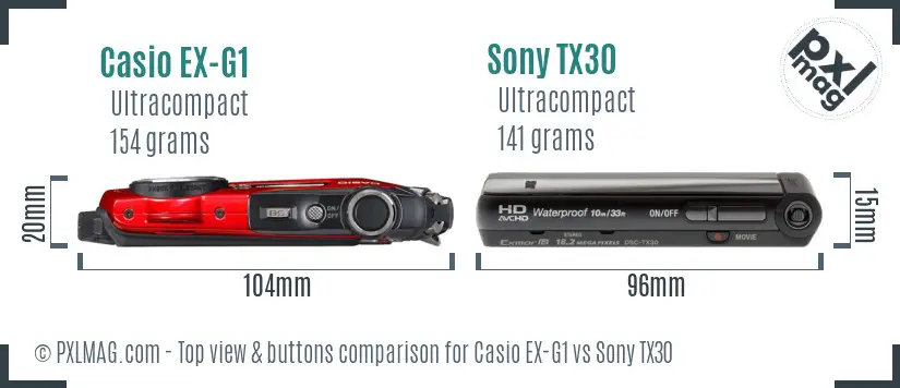 Casio EX-G1 vs Sony TX30 top view buttons comparison
