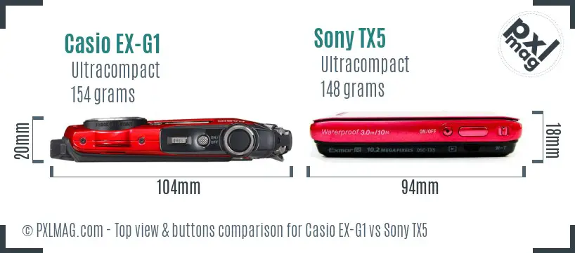 Casio EX-G1 vs Sony TX5 top view buttons comparison