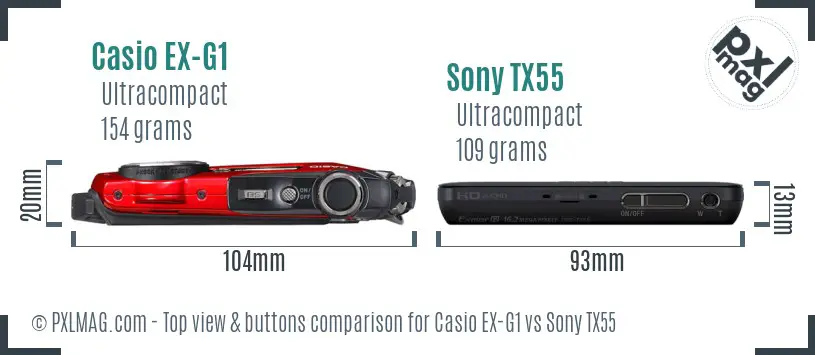 Casio EX-G1 vs Sony TX55 top view buttons comparison