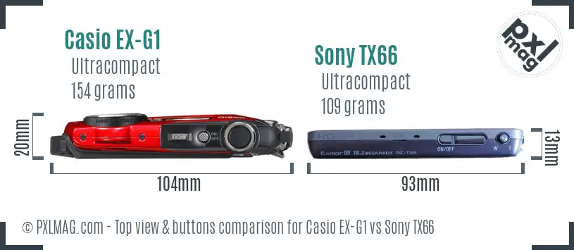 Casio EX-G1 vs Sony TX66 top view buttons comparison