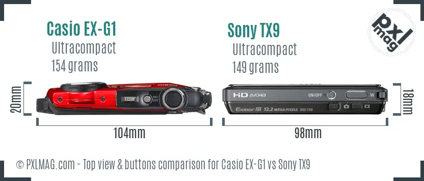 Casio EX-G1 vs Sony TX9 top view buttons comparison