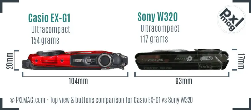 Casio EX-G1 vs Sony W320 top view buttons comparison