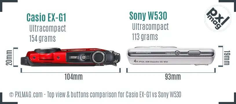 Casio EX-G1 vs Sony W530 top view buttons comparison