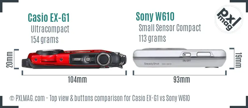 Casio EX-G1 vs Sony W610 top view buttons comparison Casio EX-G1 vs Sony W610 top view buttons comparison