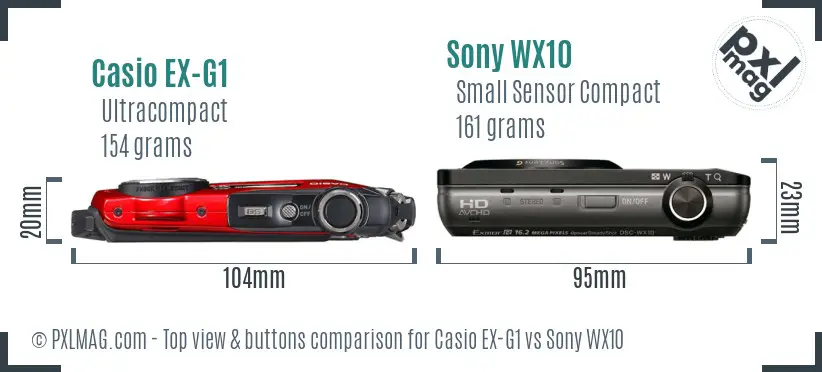 Casio EX-G1 vs Sony WX10 top view buttons comparison Casio EX-G1 vs Sony WX10 top view buttons comparison