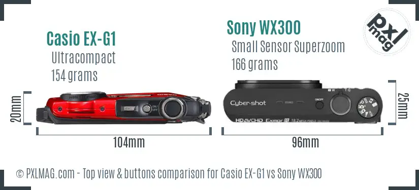 Casio EX-G1 vs Sony WX300 top view buttons comparison Casio EX-G1 vs Sony WX300 top view buttons comparison