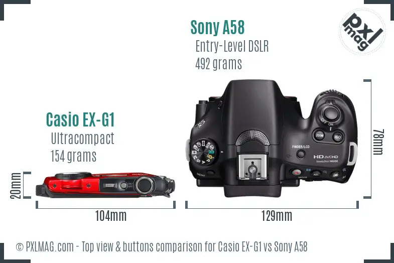 Casio EX-G1 vs Sony A58 top view buttons comparison