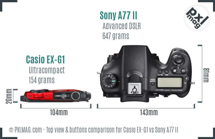 Casio EX-G1 vs Sony A77 II top view buttons comparison