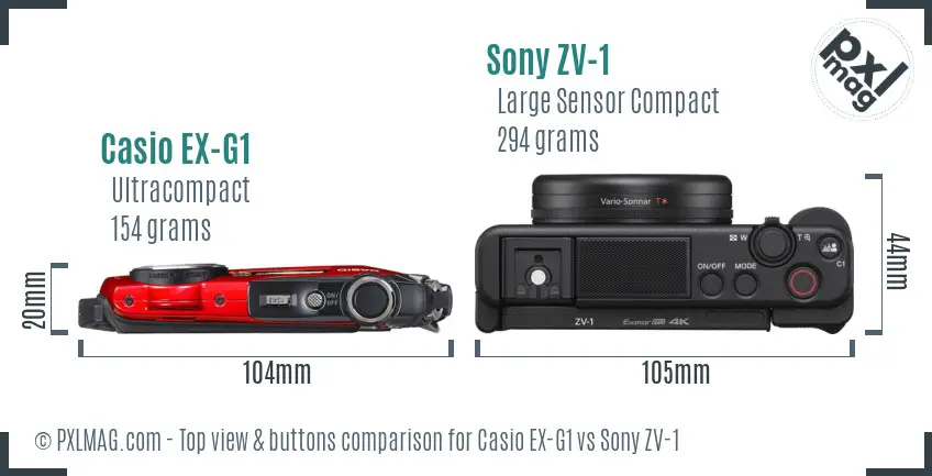 Casio EX-G1 vs Sony ZV-1 top view buttons comparison Casio EX-G1 vs Sony ZV-1 top view buttons comparison