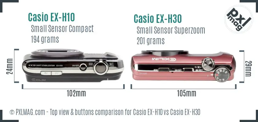Casio EX-H10 vs Casio EX-H30 top view buttons comparison
