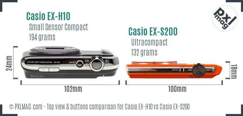 Casio EX-H10 vs Casio EX-S200 top view buttons comparison