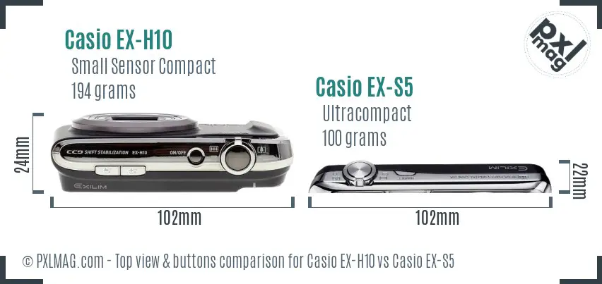 Casio EX-H10 vs Casio EX-S5 top view buttons comparison