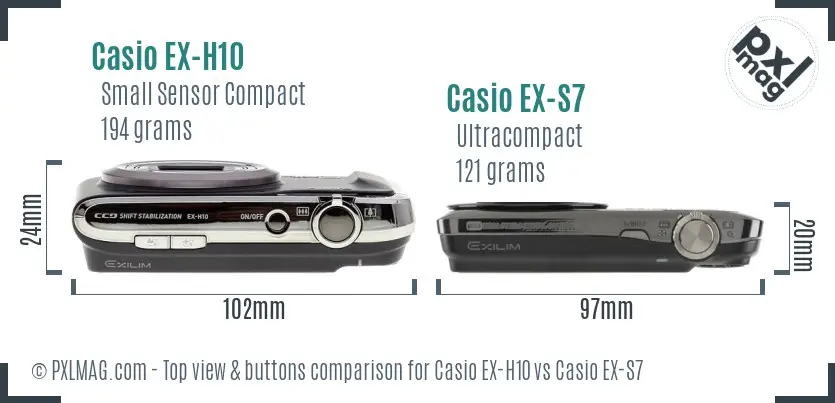 Casio EX-H10 vs Casio EX-S7 top view buttons comparison