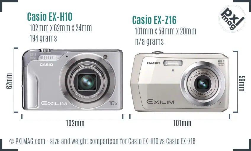Casio EX-H10 vs Casio EX-Z16 size comparison