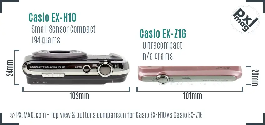 Casio EX-H10 vs Casio EX-Z16 top view buttons comparison