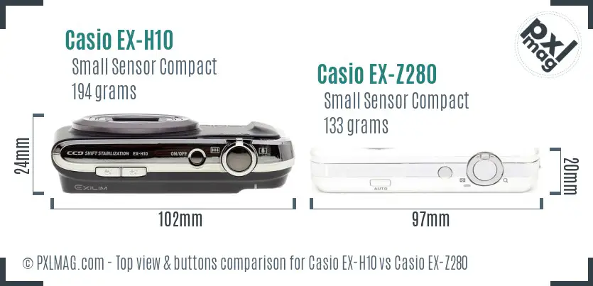Casio EX-H10 vs Casio EX-Z280 top view buttons comparison
