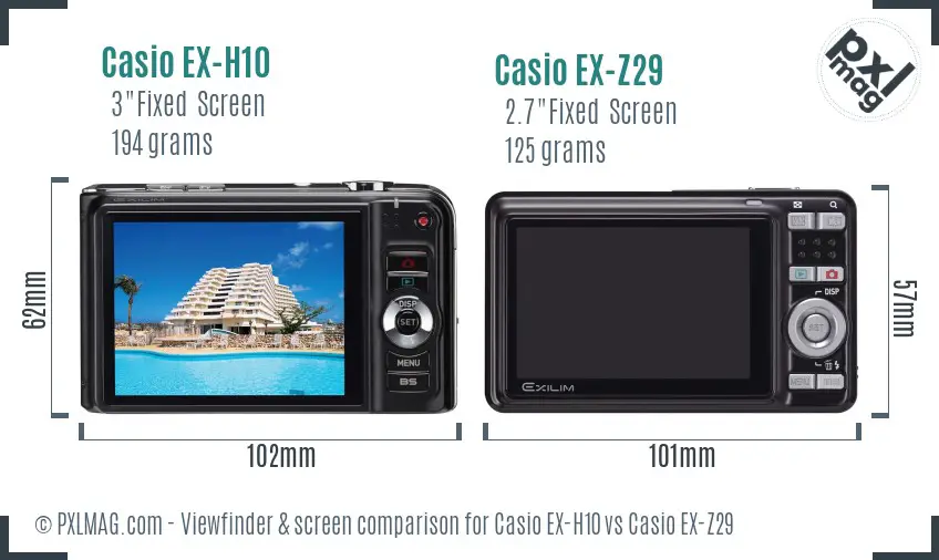 Casio EX-H10 vs Casio EX-Z29 Screen and Viewfinder comparison