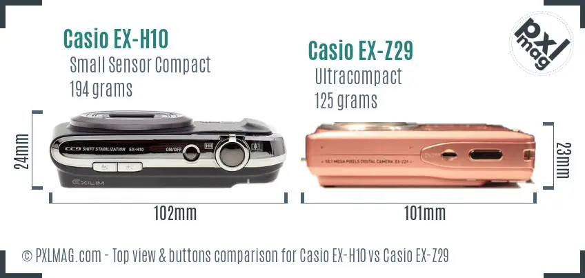 Casio EX-H10 vs Casio EX-Z29 top view buttons comparison