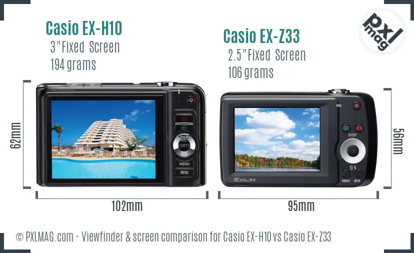 Casio EX-H10 vs Casio EX-Z33 Screen and Viewfinder comparison